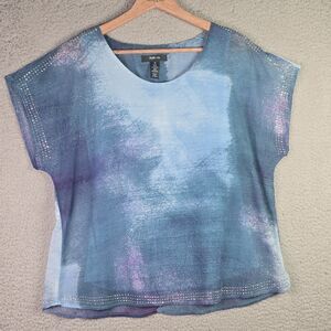 Style Co Metallic Blue Purple Embellished Blouse Medium Watercolor Trendy